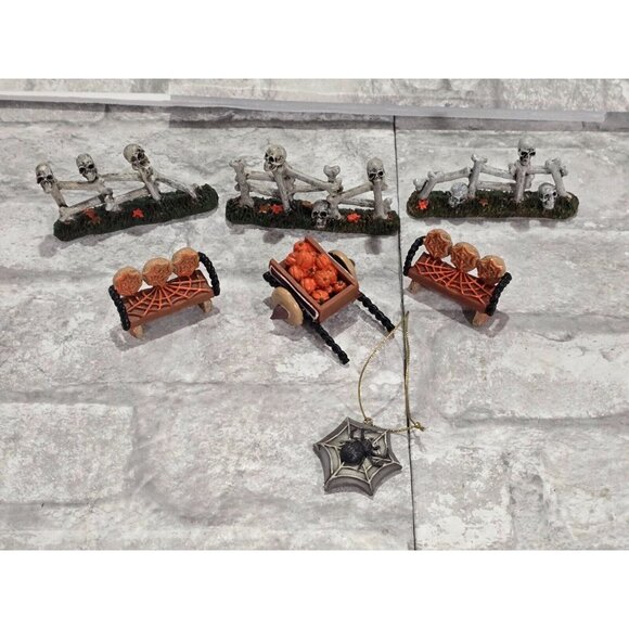 Lot of 7 Halloween Decor Lemax Bone Fence Set x3‎ Spiderweb Benches Wheelbarrow - Picture 1 of 8